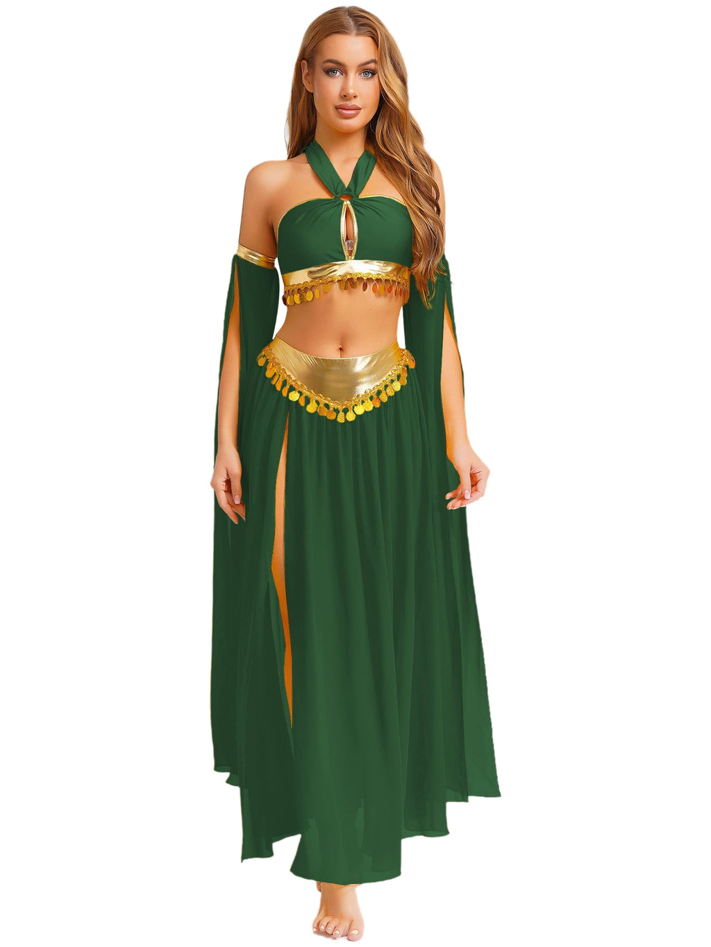 iiniim Women Belly Dance Dress Arabian Greek Princess Halloween Costume Chiffon Skirts 4piece Outfit Green L