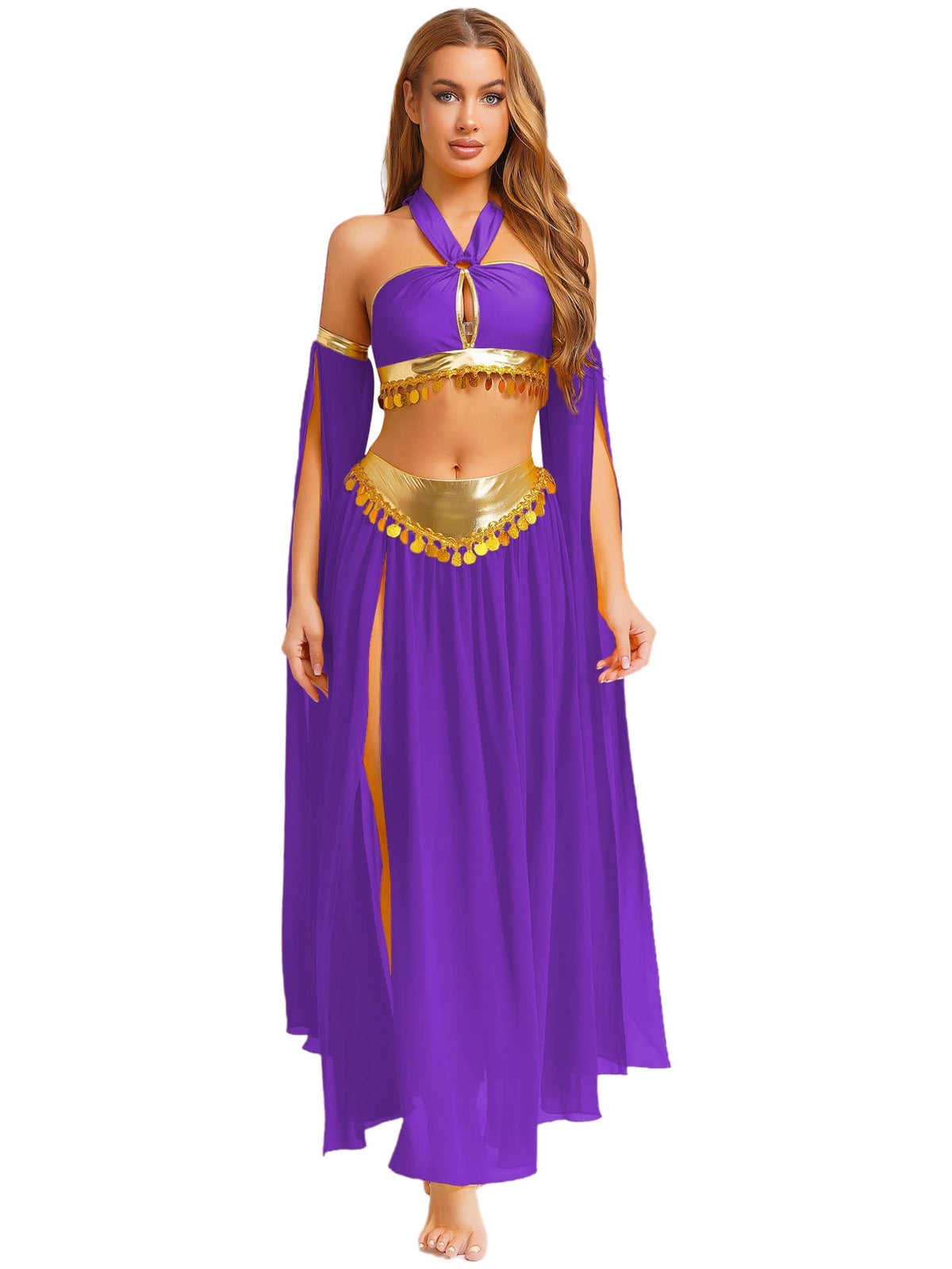 iiniim Women Belly Dance Dress Arabian Greek Princess Halloween Costume Chiffon Skirts 4piece Outfit Green L