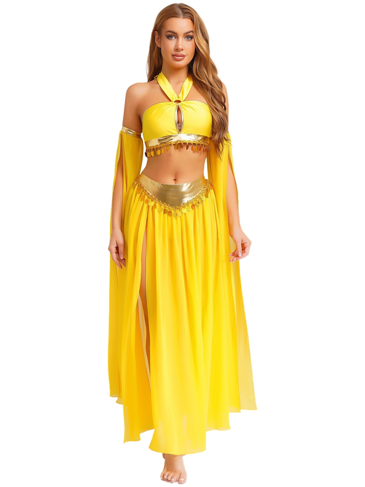 iiniim Women Belly Dance Dress Arabian Greek Princess Halloween Costume Chiffon Skirts 4piece Outfit Green L