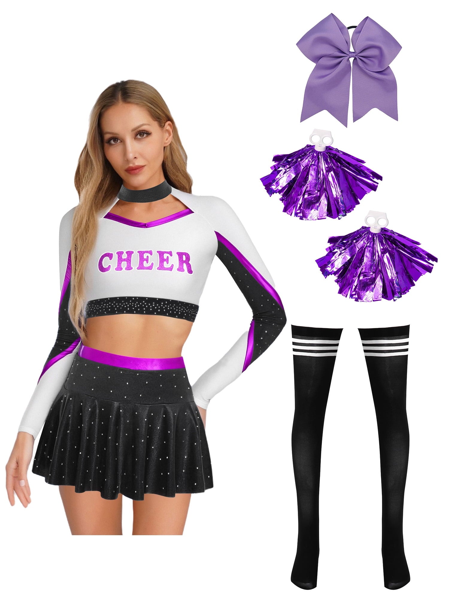 iiniim Womens Cheer Leader Costumes Set Schoolgirl Cheerleading Cosplay Halloween Party Uniform Purple XL