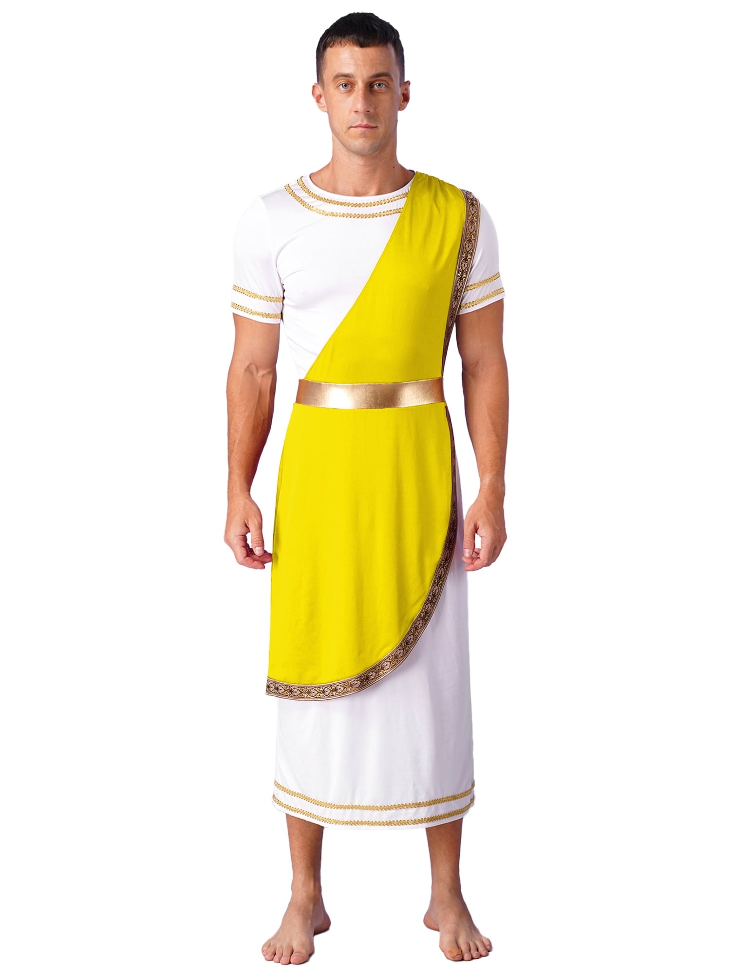 iixpin Mens Halloween Toga Robe Ancient Roman Costume Short Sleeve Greek God Tunic with Belt Yellow 3XL