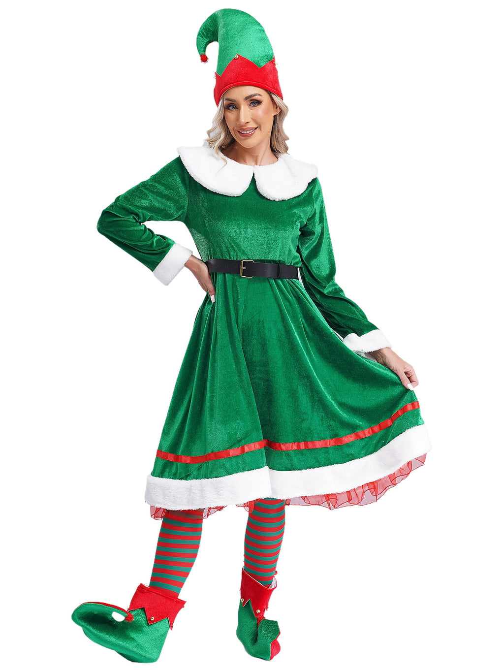 vastwit Womens Christmas Elf Dress Velvet Dress with Elf Hat Belt Striped Stockings Shoes Green L